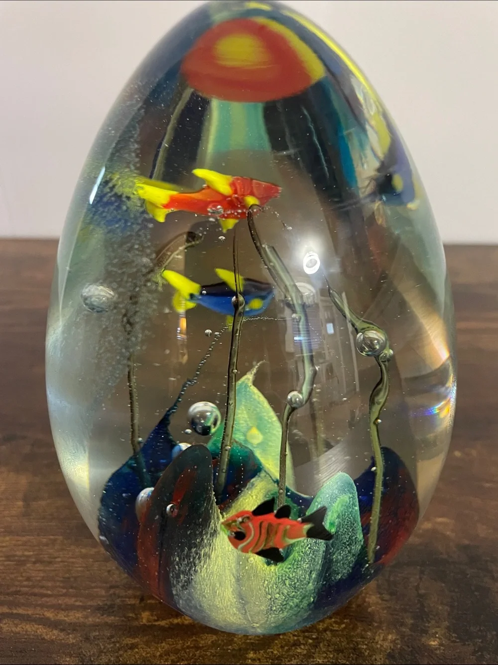 Handcrafted Glass Aquarium Egg Ornament with Blue, Yellow & Red Fish